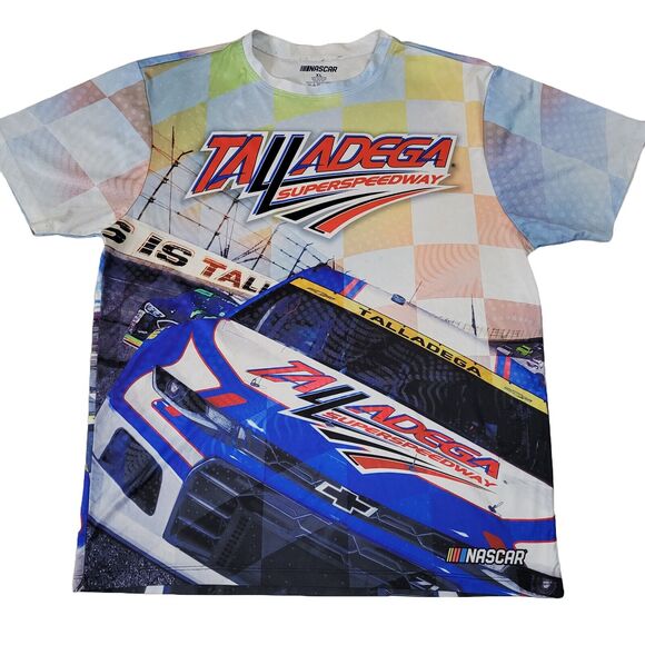 Mens NASCAR Checkered Flag Blue Multicolor Sublimated T-Shirt XL - Picture 1 of 14